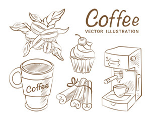 Sketch coffee set hand drawing vector coffee machine cinnamon coffee glass