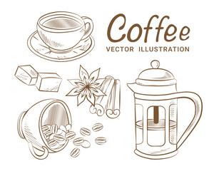 hand drawn vector coffee illustration set cinnamon coffee cup