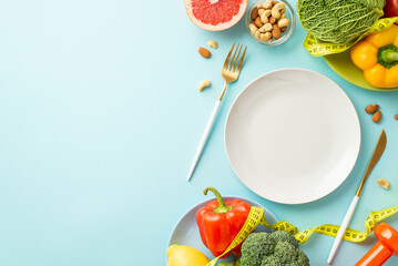Detox concept. Top view photo of cutlery plate cabbage pepper grapefruit nuts dumbbell and tape...