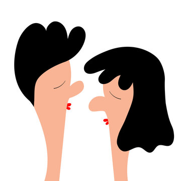 Man Woman. Cute Cartoon Funny Character. Kissing Couple. Smooch Kiss. Red Lips. Profile Face. Black Hair. Happy Valentines Day. Love Card. Family Person. First Date. Flat Design. White Background.