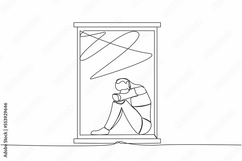 Aufkleber single one line drawing of frustrated robot sitting on windowsill. depression, stress, despair, tech