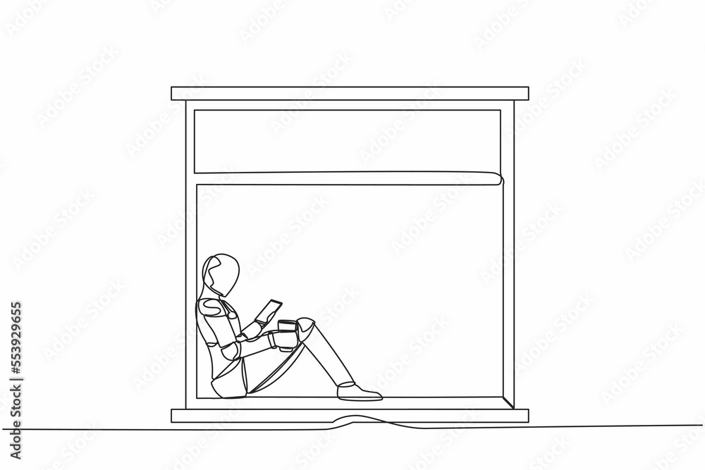 Aufkleber single continuous line drawing robot sitting on windowsill with smartphone and coffee. comfortable r