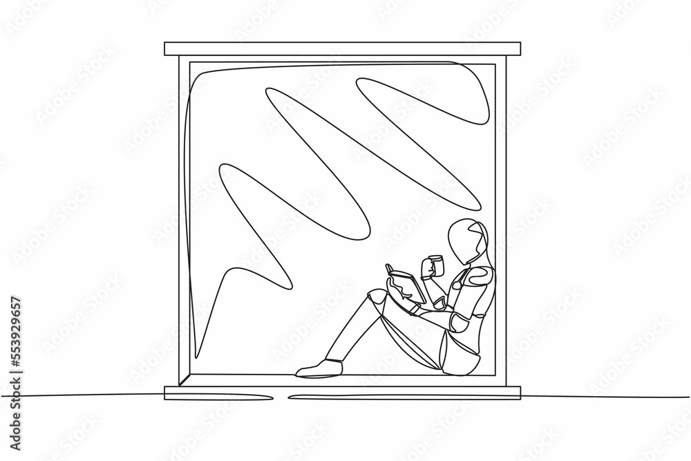 Aufkleber continuous one line drawing robot on windowsill with cup of hot coffee or tea, reading book. enjoyin