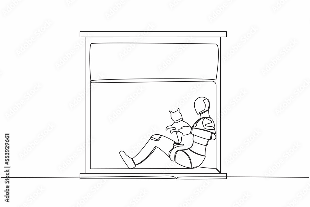 Poster single continuous line drawing robot with his pet cat sitting in windowsill. friendship social conce