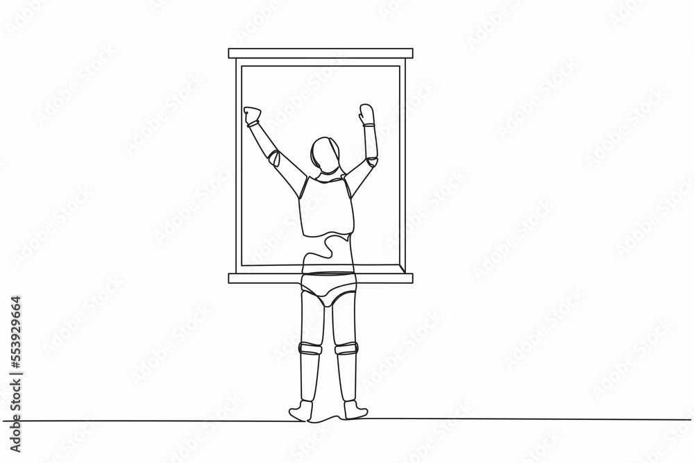 Poster continuous one line drawing back view relaxed robot stretching arms in window. good morning concept.
