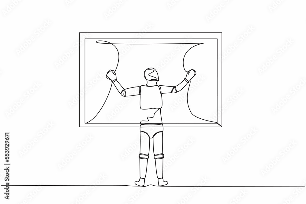 Poster single continuous line drawing robot opening window curtains. wake up and open curtain in morning to