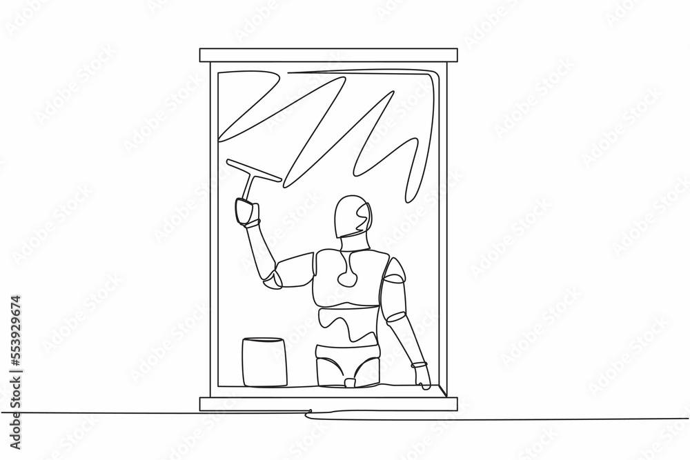 Poster single one line drawing of robot cleaning windows with glass cleaner tools. washing windows with buc