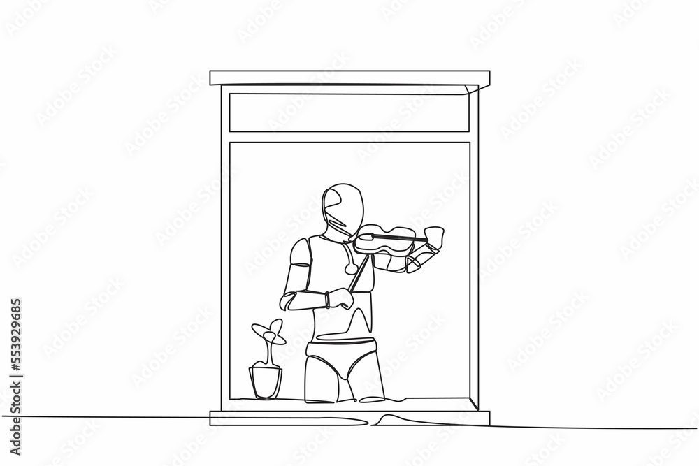 Poster single continuous line drawing robot musician standing near window and playing violin in room at hom