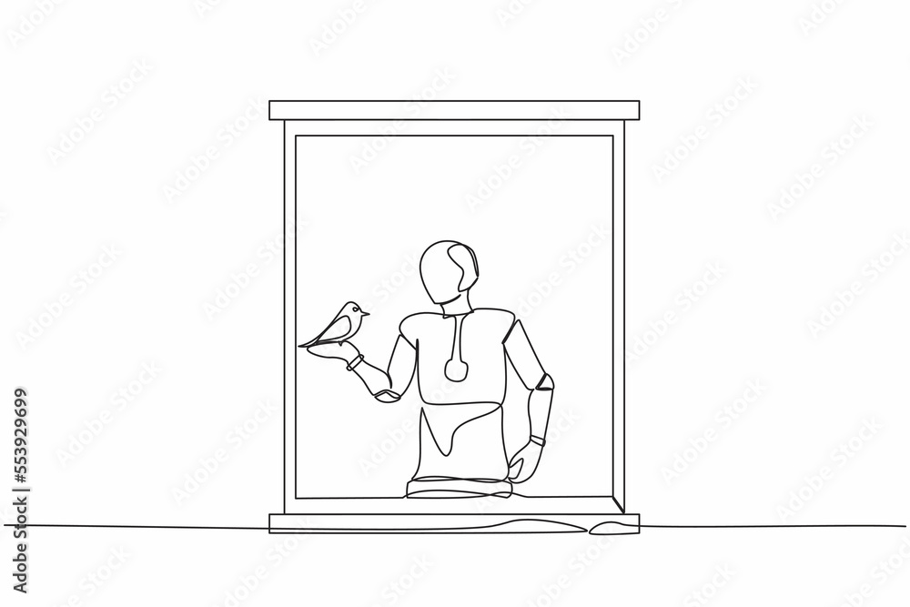 Poster single one line drawing robot with bird pet on his hand. open window, looking for fresh air. robotic
