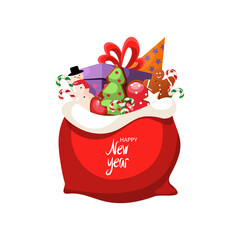 Christmas bag with Santa Claus gifts.An element of New Year greetings.A bag with gifts, sweets, ginger cookies.Vector illustration.