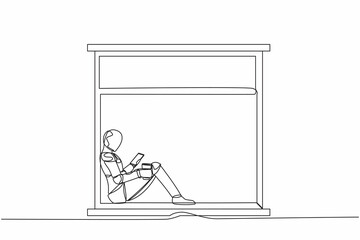 Single continuous line drawing robot sitting on windowsill with smartphone and coffee. Comfortable relax time with hot drink. Future technology development. One line graphic design vector illustration