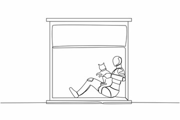 Single continuous line drawing robot with his pet cat sitting in windowsill. Friendship social concept. Artificial intelligence and machine learning processes. One line draw design vector illustration