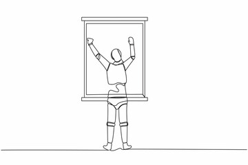 Continuous one line drawing back view relaxed robot stretching arms in window. Good morning concept. Humanoid cybernetic organism. Robotic development. Single line graphic design vector illustration