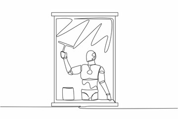 Single one line drawing of robot cleaning windows with glass cleaner tools. Washing windows with bucket, detergent, wet rag. Robotic artificial intelligence. Continuous line design vector illustration