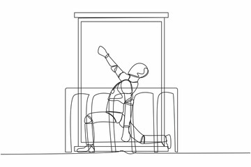 Continuous one line drawing robot with headphone practices yoga near window or balcony. Sports, workout, exercise activity. Humanoid robot cybernetic organism. Single line design vector illustration