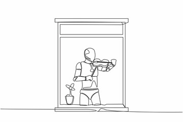 Single continuous line drawing robot musician standing near window and playing violin in room at home. Future technology development. Artificial intelligence. One line draw design vector illustration