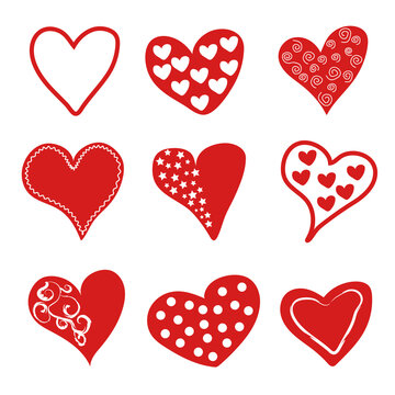 Hearts different in size, volume, with decorative elements. Vector design for greeting cards, patterns.