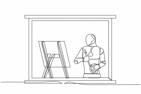 Single continuous line drawing robot  painter drawing indoor near window, holding paint brush and palette, sketching on canvas. Future technology development. One line draw design vector illustration