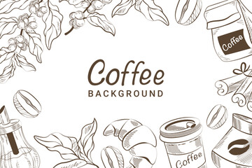 background coffee hand drawings coffee leaves grains and takeaway cup