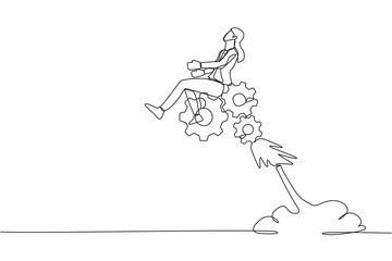 Single one line drawing businesswoman riding gear rocket flying in the sky. Challenge to win higher target. Effort and ambition to reach goal. Continuous line draw design graphic vector illustration