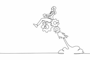 Fototapeta premium Single one line drawing businesswoman riding gear rocket flying in the sky. Challenge to win higher target. Effort and ambition to reach goal. Continuous line draw design graphic vector illustration