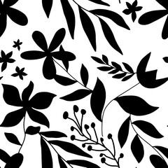 Abstract Hand Drawing Monochrome Flowers Branches and Leaves Sketch Seamless Tropical Vector Pattern Isolated Background