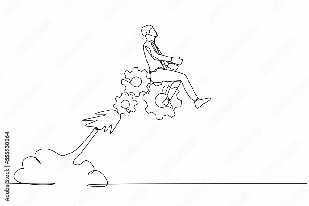 Poster continuous one line drawing of businessman riding gear rocket flying in the sky. mechanisms look for