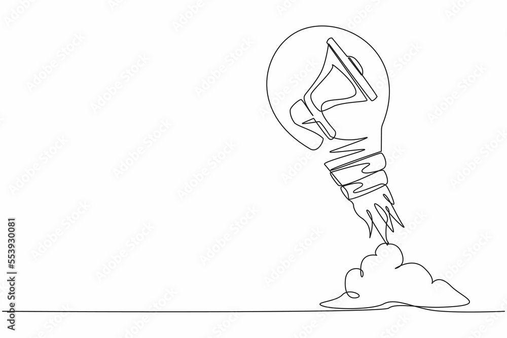 Poster single continuous line drawing megaphone launching with light bulb. startup project acceleration. su