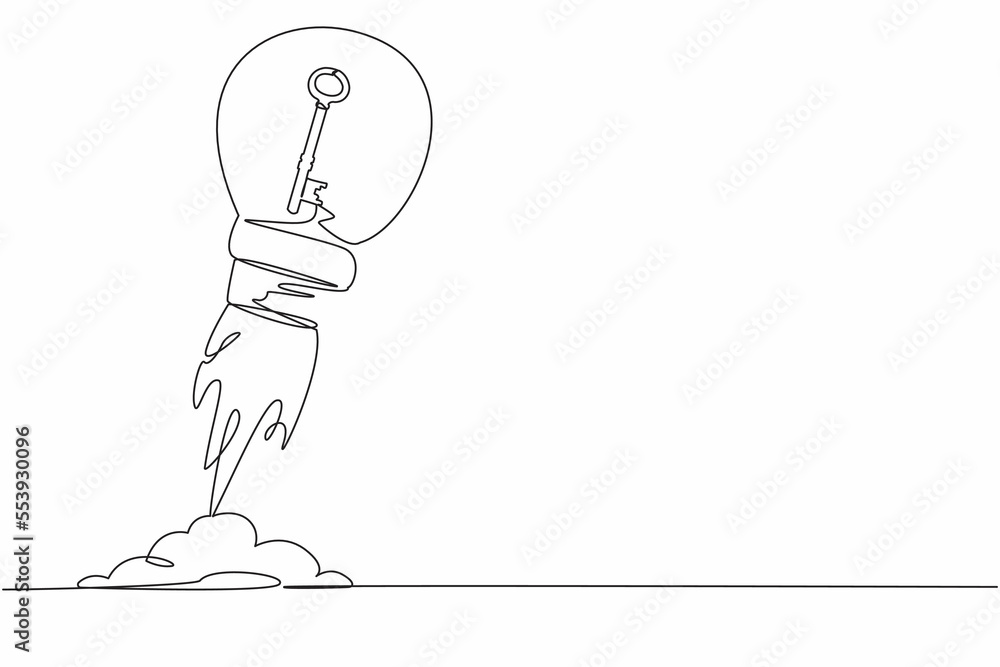 Poster single continuous line drawing key launching with light bulb. key performance indicator skyrocket tr
