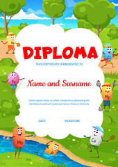 Kids diploma. Cartoon micronutrient sportsman characters. Child graduation diploma, education vector certificate with Na, Fe, Cl, Mg and Ca, Mn, playing tennis, swimming and running funny vitamins