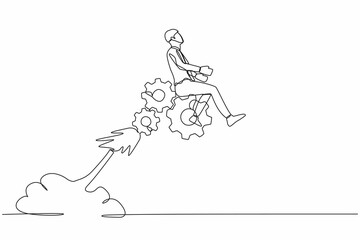Continuous one line drawing of businessman riding gear rocket flying in the sky. Mechanisms look for problem solution. Brainstorm search for answer. Single line draw design vector graphic illustration