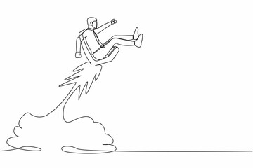 Single one line drawing of businessman riding office chair rocket flying in the sky. Boost your career development, job promoted to higher position. Continuous line design graphic vector illustration