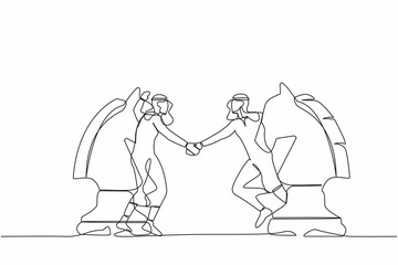 Fototapeta na wymiar Continuous one line drawing Arabian businessman competitors standing on horse chess piece, handshaking after finish agreement. Negotiation skill and partnership. Single line design vector illustration
