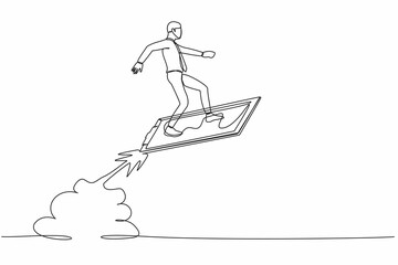 Continuous one line drawing businessman riding clipboard rocket flying in the sky. Analyze data at launch of new startup. Business contract concept. Single line draw design vector graphic illustration