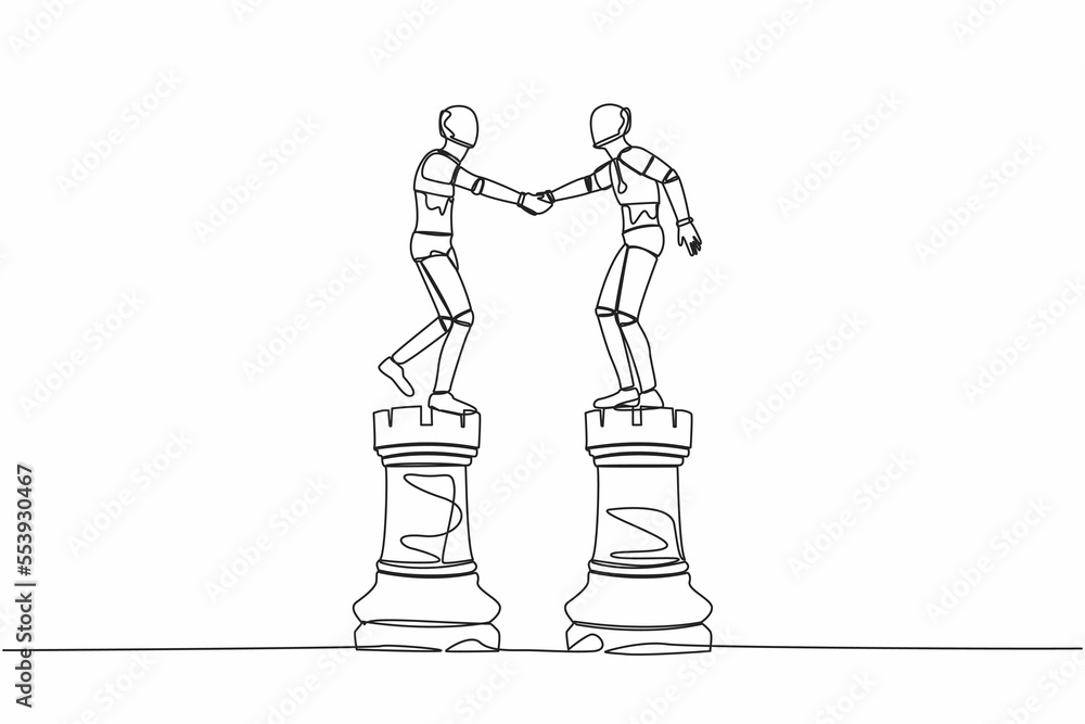 Poster single one line drawing robot leader shaking hand on rook chess. collaboration strategy in tech indu