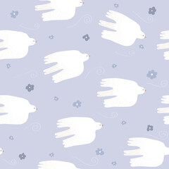Pastel seamless pattern with white flying birds and flowers. Spring print. Vector hand drawn illustration.