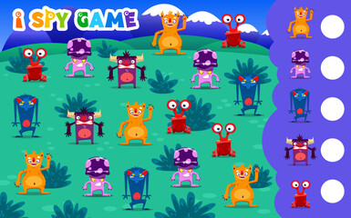 Naklejka premium I spy game monster characters, kids vector educational puzzle. Development of numeracy skills and attention, cartoon riddle worksheet page. Math learning for kindergarten, school, preschool children