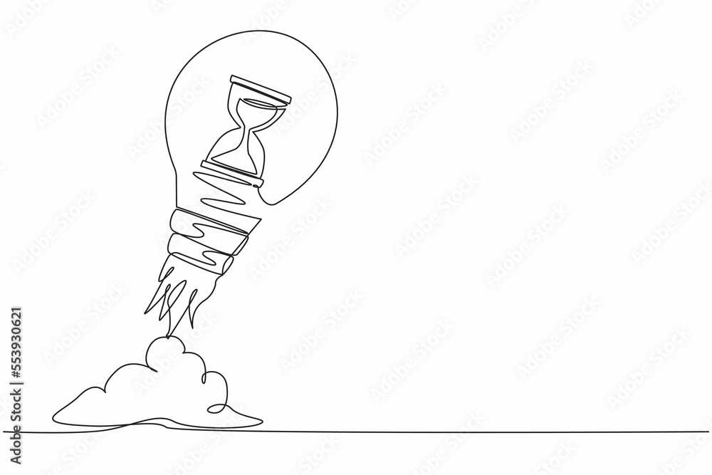 Poster single continuous line drawing hourglass launching with light bulb. the best time for a startup. bus