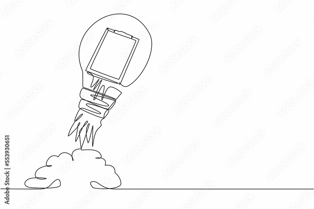 Aufkleber continuous one line drawing of clipboard launching with light bulb. checklist with results of social