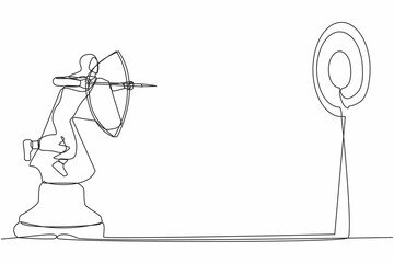 Single one line drawing accuracy Arab businesswoman holding archery and aiming target while riding horse chess piece. Strategic move for winning competition. Continuous line design vector illustration