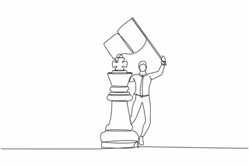 Single one line drawing businessman waving flag on king chess piece metaphor of win competition. Success strategy and goal achievement. Modern continuous line draw design graphic vector illustration
