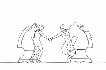 Single one line drawing Arab businesswoman competitors standing on horse chess piece, handshaking after finish agreement. Merger or agreement concept. Continuous line draw design vector illustration