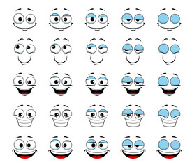 Cartoon face and blink eye animation. Vector sprite sheet with human personage smiling expression, animated sequence frame of blinking eyeballs and smile toothy mouth steps. Friendly wink emoticon