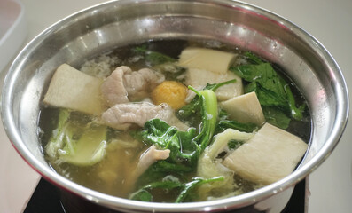 Boiled vegetable and pork in hot pot