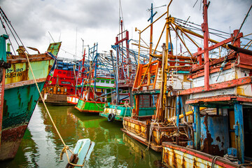 Fototapeta na wymiar Songkhla harbour with fisherman's boats in Thailand