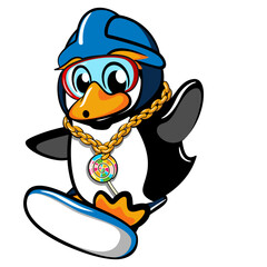 penguin character vector mascot illustration wearing gold chain necklace hip hop style wearing snow surfing helmet
