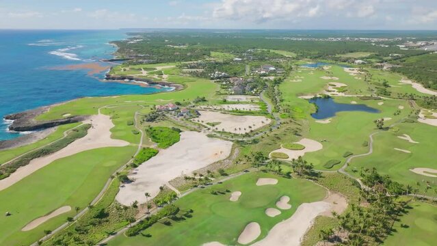 Drone shot of Los Corales golf course with ocean views, Dominican Republic