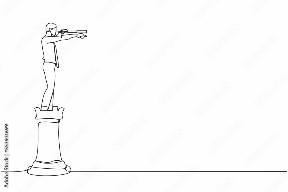 Poster continuous one line drawing businessman on top of rook chess piece pointing and using telescope look