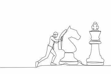 Continuous one line of drawing active businessman push huge horse chess piece to beat king. Strategic thinking and smart move in business play game. Single line draw design vector graphic illustration