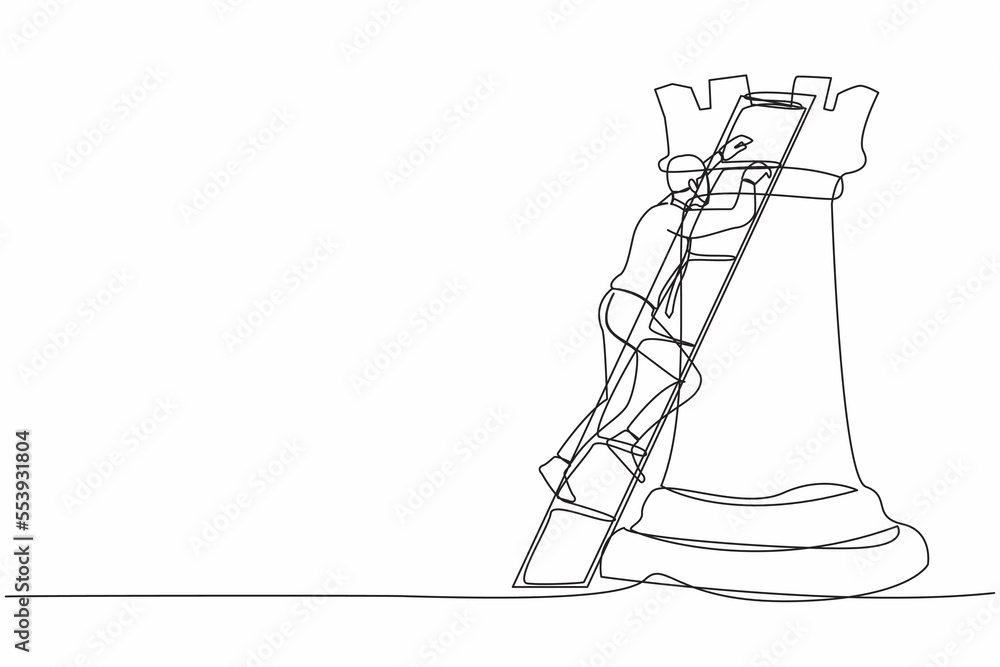 Poster continuous one line drawing active businessman climb huge rook chess piece with ladder. company stra